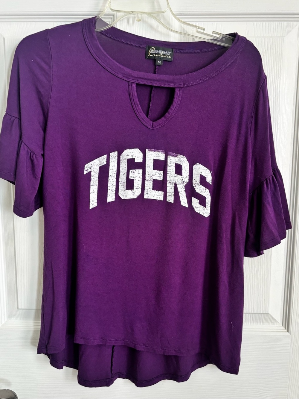 Gameday Couture Purple Short Sleeve Scoop Tee with Keyhole & Ruffle Sleeves